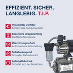 HWW INOX 1300 Plus F Hauswasserwerk, Edelstahl-Druckkessel, 1200W, selbstansaugend, 4350 l/h, 50m, Vorfilter, wartungsfrei, Überlastschutz