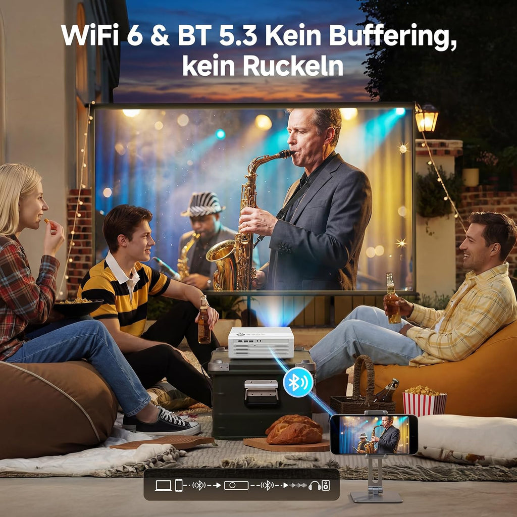 4K Smart Beamer mit WLAN, Bluetooth, Autofokus, 6D Keystone, HDR10+, kompatibel mit Dolby Audio, ideal für Heimkino & Garten, Streaming ohne TV-Stick