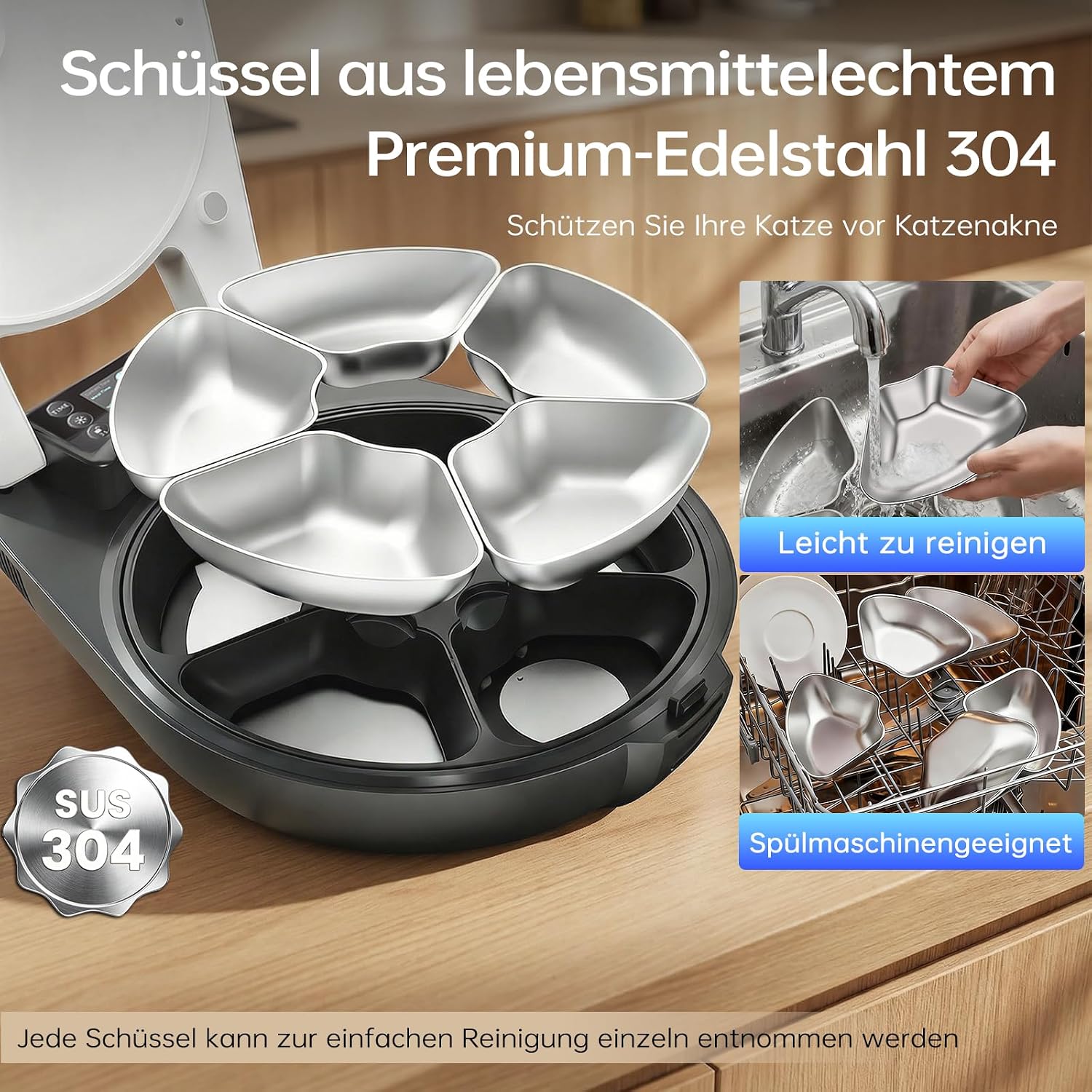 Nassfutterautomat für Katzen - 3 Tage Frische, 5 Mahlzeiten, Halbleiter-Kühlung & Heizung, Edelstahl 304 Schale, programmierbar