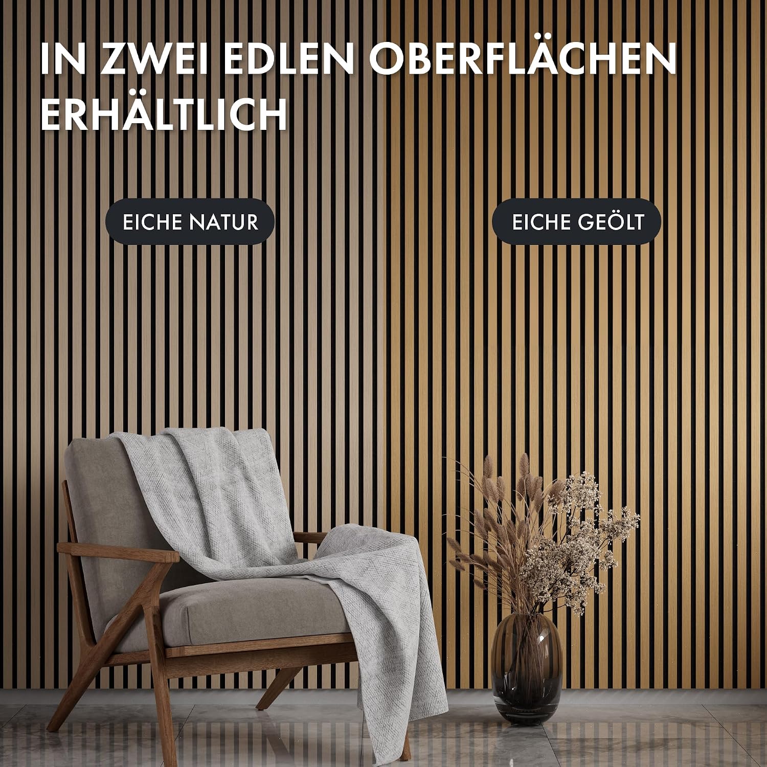 5 Stück Akustikpaneele Holz 240x50 cm - Eiche Geölt Dekor - Wandverkleidung als 3D Lamellenwand für effektiven Schallschutz - Holzpaneele