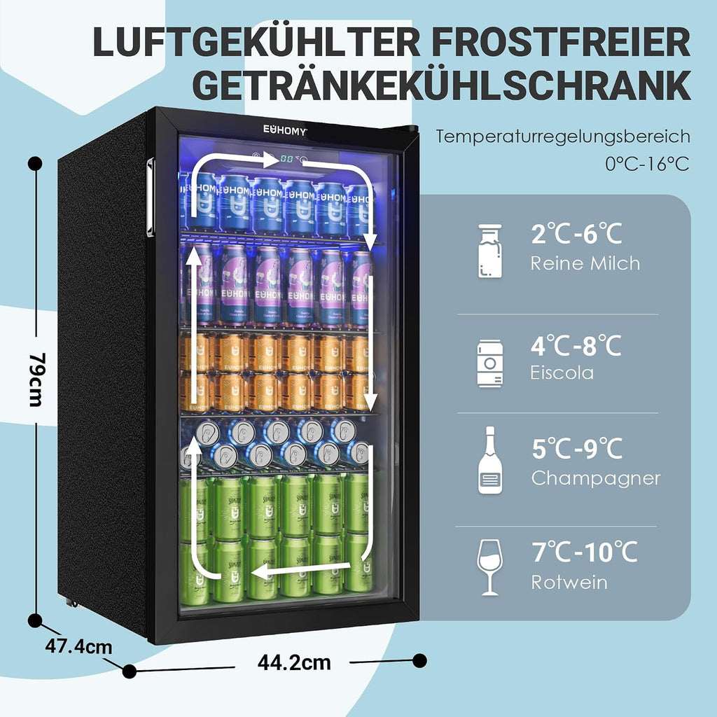 90L Getränkekühlschrank mit Glastür, für 126 Dosen, verstellbare Regale, für Limonade/Bier/Wein, Zuhause/Bar/Büro, Schwarz Edelstahl