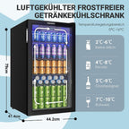 90L Getränkekühlschrank mit Glastür, für 126 Dosen, verstellbare Regale, für Limonade/Bier/Wein, Zuhause/Bar/Büro, Schwarz Edelstahl
