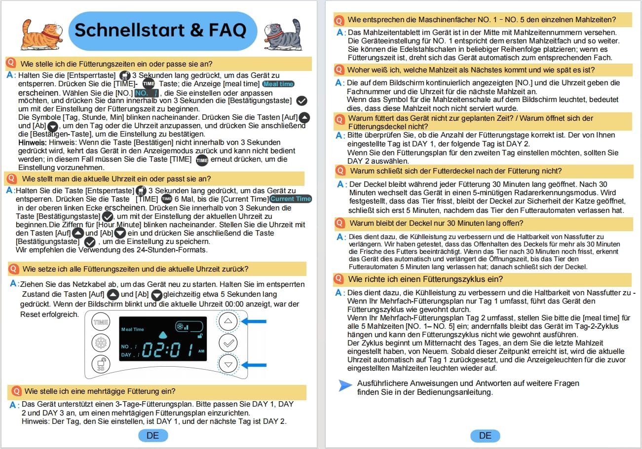 Nassfutterautomat für Katzen - 3 Tage Frische, 5 Mahlzeiten, Halbleiter-Kühlung & Heizung, Edelstahl 304 Schale, programmierbar