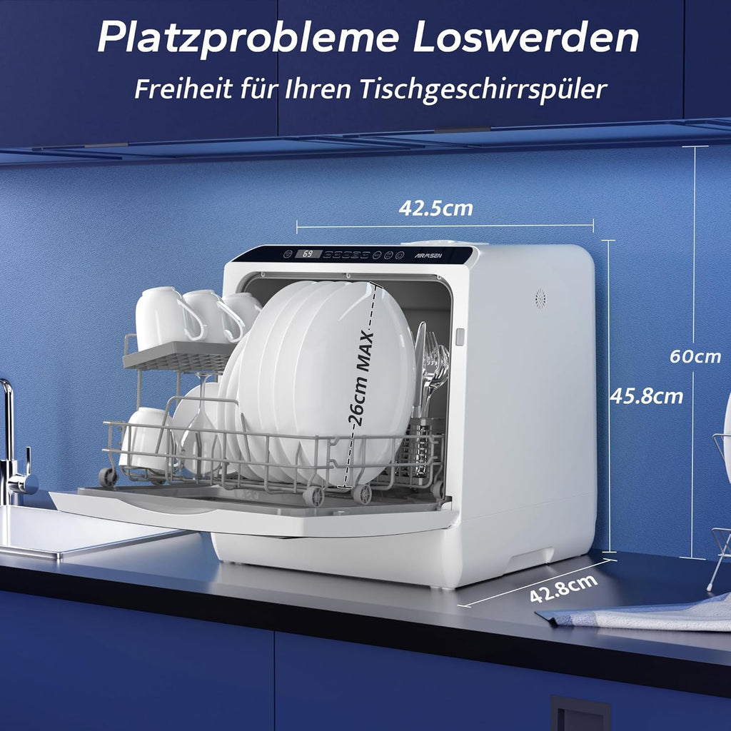 Mini Tischgeschirrspüler, 5+1 Programme, 5L Tank, 2-Wege-Wasser, Touch + LED, für Hausküche/Wohnung/Schlafsaal (Weiß/Schwarz)