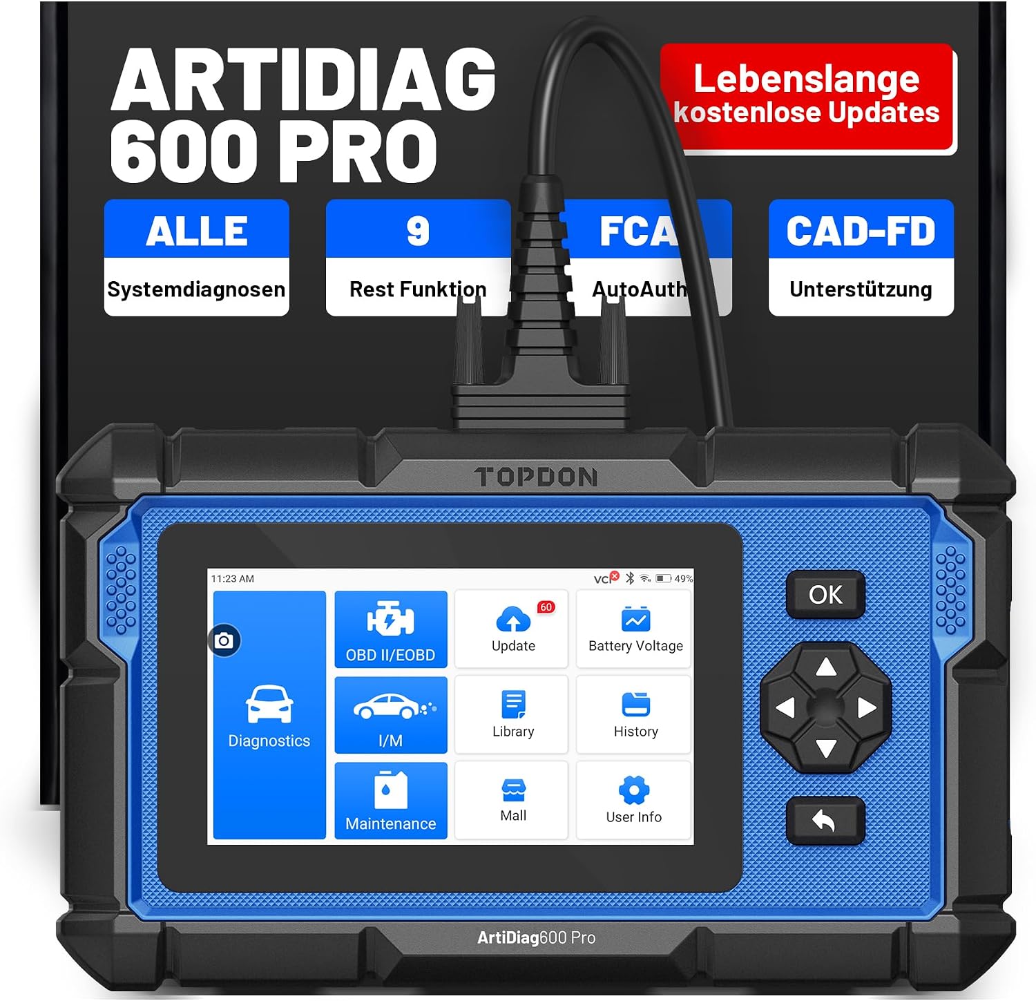 ArtiDiag600 Pro OBD2 Diagnosegerät für alle Fahrzeuge - 9 Servicefunktionen (Öl/ABS/DPF/SRS/SAS/Injektorcodierung)
