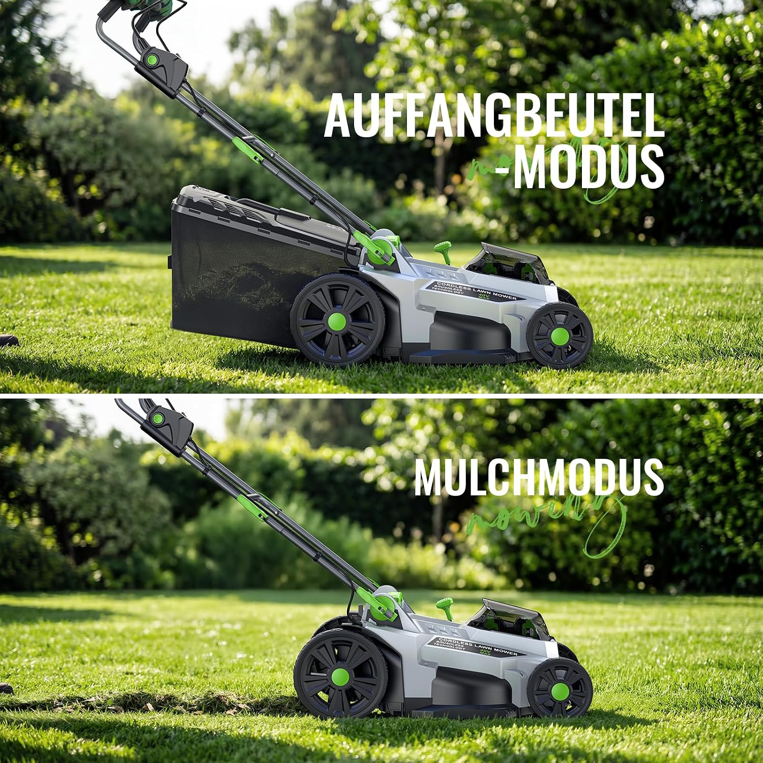 Akku-Rasenmäher 40V(2X20V), 43cm Schnittbreite, Brushless, bis 500 m², Mulch-Kit, 50L Fangkorb, 6 Schnitthöhen (25-75mm), 2x 4,0Ah Akkus+Ladegerät