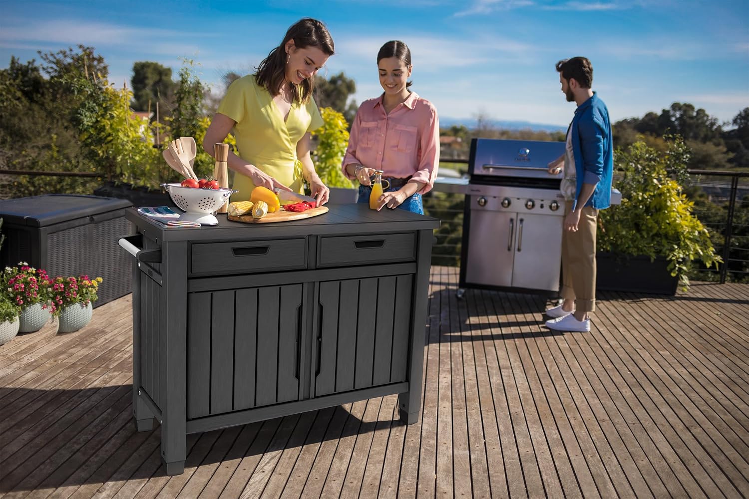 Grilltisch/Beistelltisch XXL – multifunktionaler Servicetisch mit großzügigem Stauraum – witterungsbeständig – Holzoptik