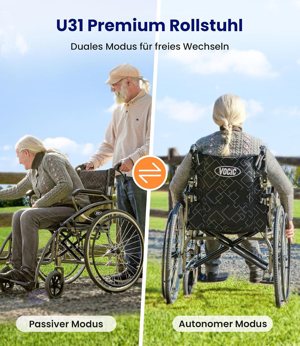 Leichter faltbarer Rollstuhl bis 150 kg, 17 kg, Doppelbremsen, Selbstantrieb, pannensichere Reifen für Erwachsene (Hellgrau)
