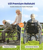 Leichter faltbarer Rollstuhl bis 150 kg, 17 kg, Doppelbremsen, Selbstantrieb, pannensichere Reifen für Erwachsene (Hellgrau)