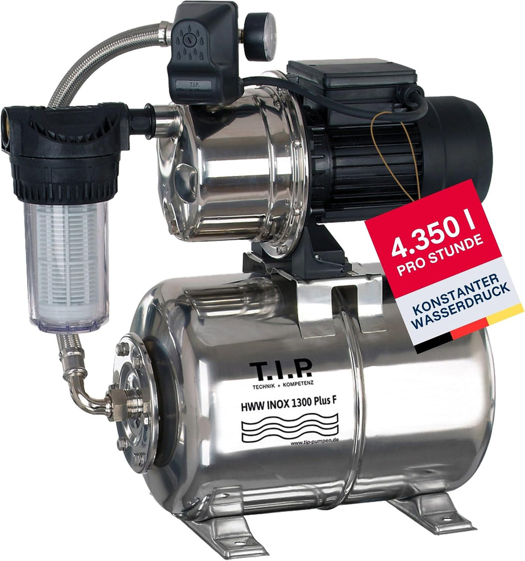 HWW INOX 1300 Plus F Hauswasserwerk, Edelstahl-Druckkessel, 1200W, selbstansaugend, 4350 l/h, 50m, Vorfilter, wartungsfrei, Überlastschutz