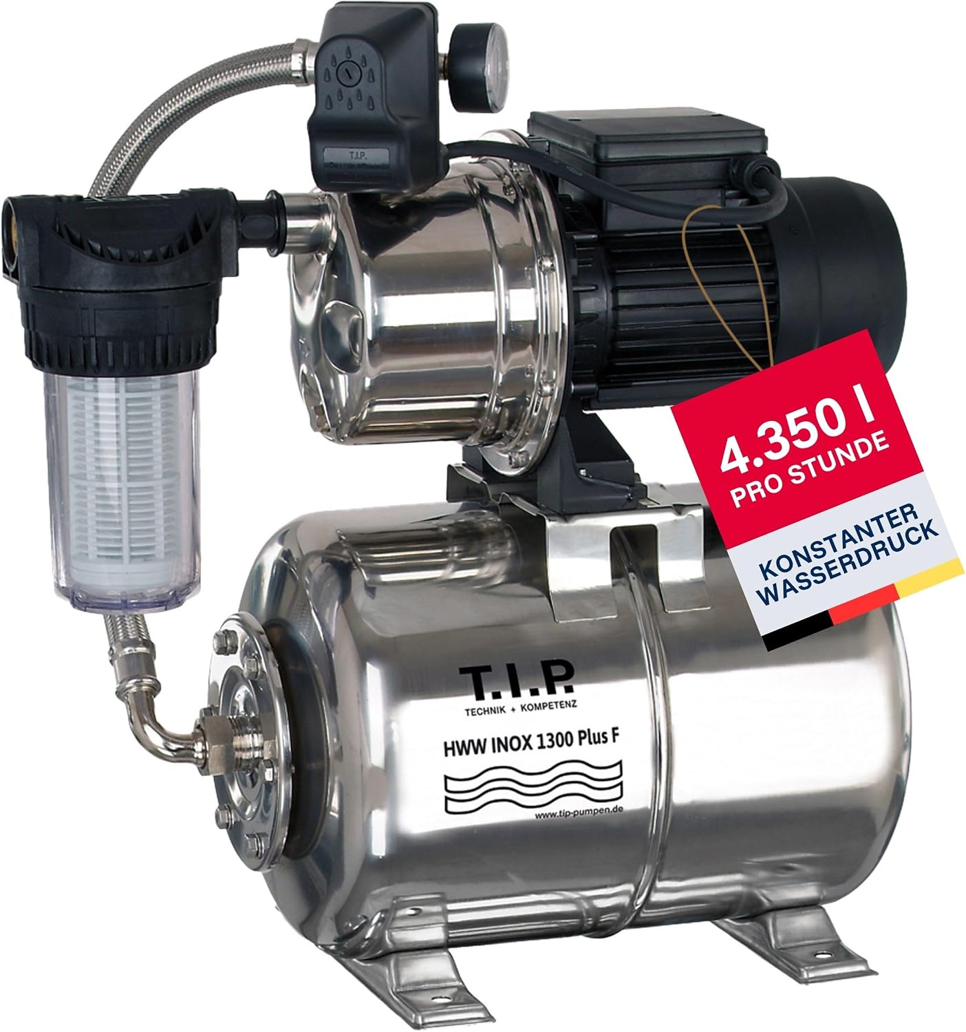 HWW INOX 1300 Plus F Hauswasserwerk, Edelstahl-Druckkessel, 1200W, selbstansaugend, 4350 l/h, 50m, Vorfilter, wartungsfrei, Überlastschutz