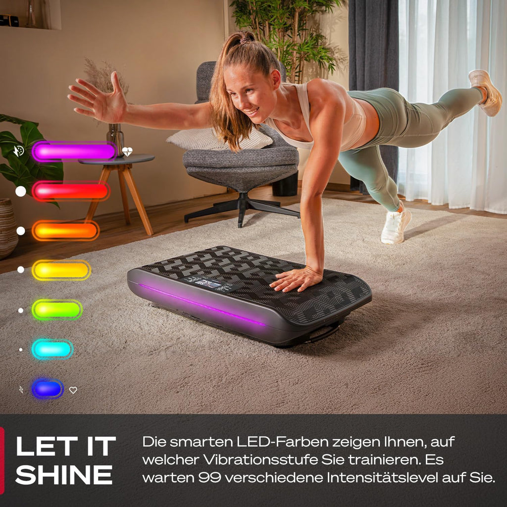 4D Vibrationsplatte, VP400 + sVibe, Smart LED, Bänder + Ropes, Abnehmen, Ganzkörper, Muskelaufbau, 120 kg, Fitness