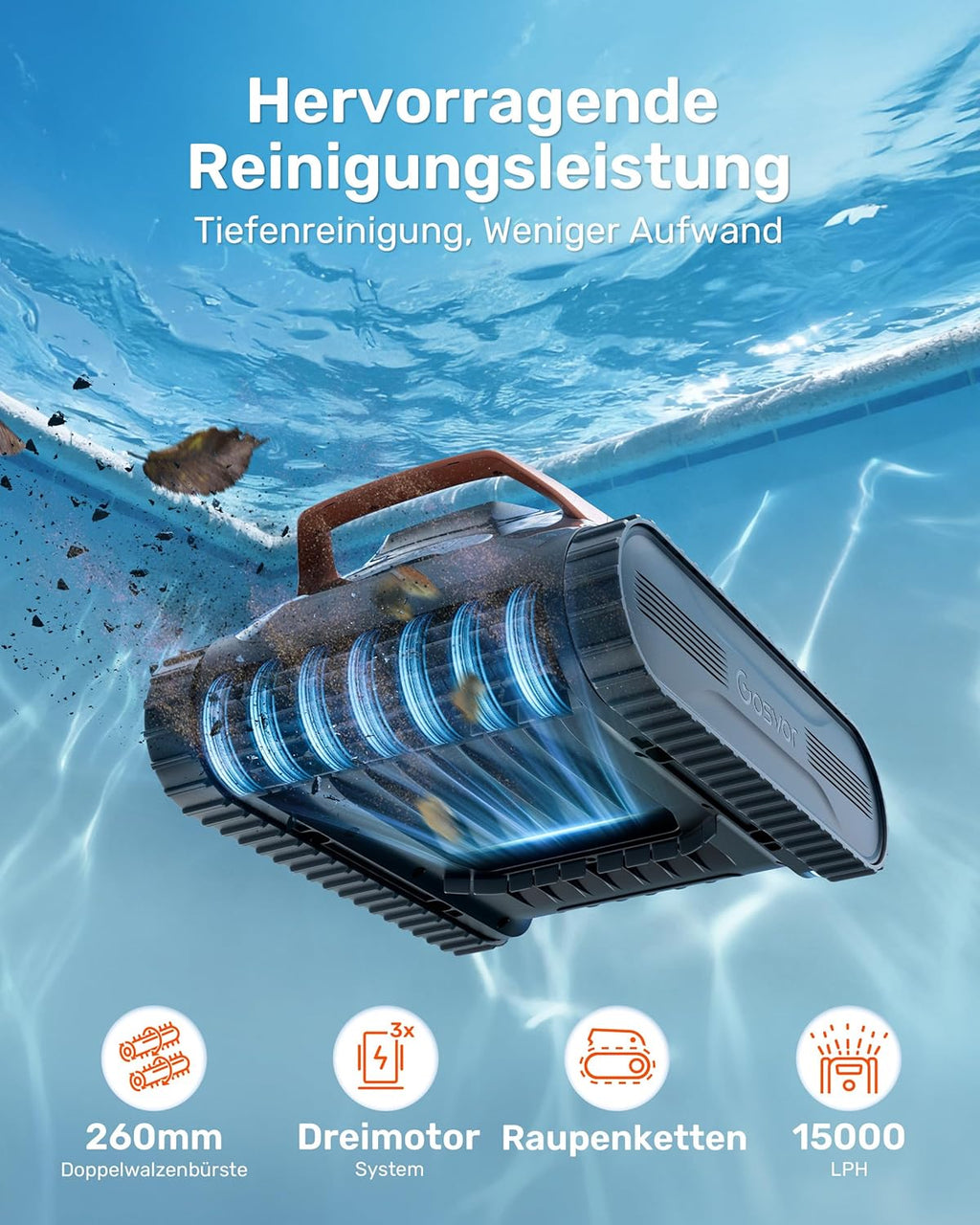 Poolroboter 2026, Wand/Boden/Wasserlinie/Flachzone, 200 Min., 6,9 kg, 3μm Filter, Akku, bis 200 m², orange