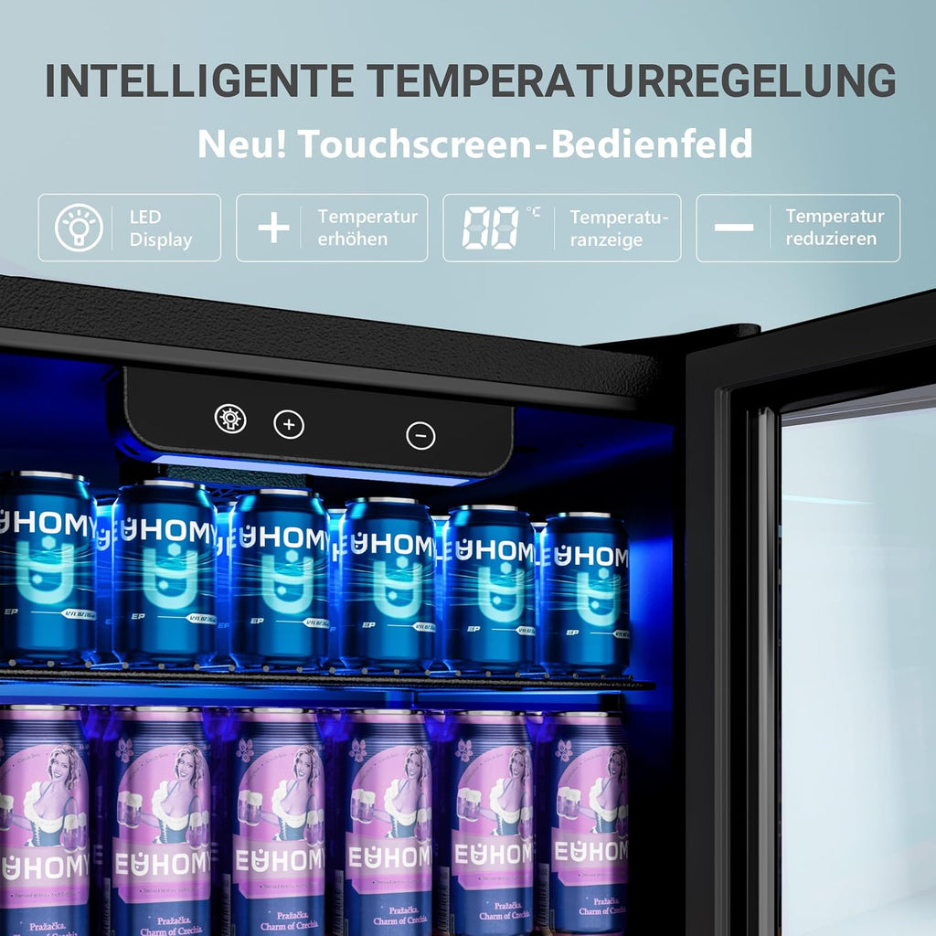 90L Getränkekühlschrank mit Glastür, für 126 Dosen, verstellbare Regale, für Limonade/Bier/Wein, Zuhause/Bar/Büro, Schwarz Edelstahl