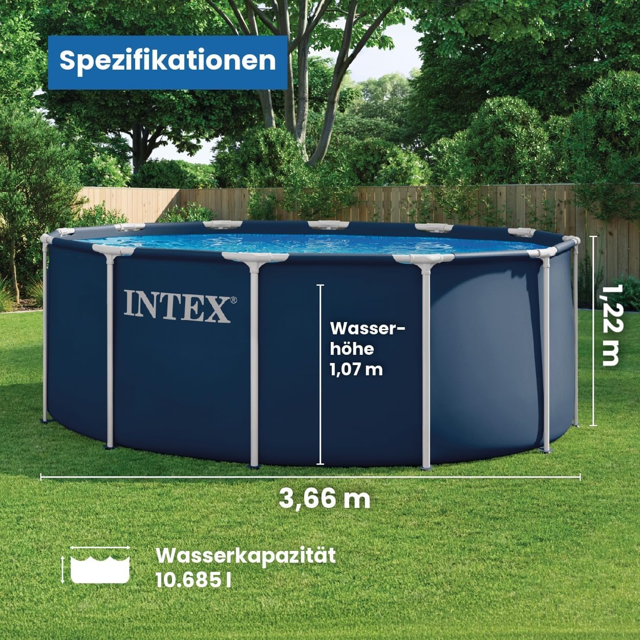 Metal Frame Pool rund Aufstellpool inkl. Sicherheitsleiter (366 x 122 cm) Volumen ca. 10.680l Navy Blue (28930GH)