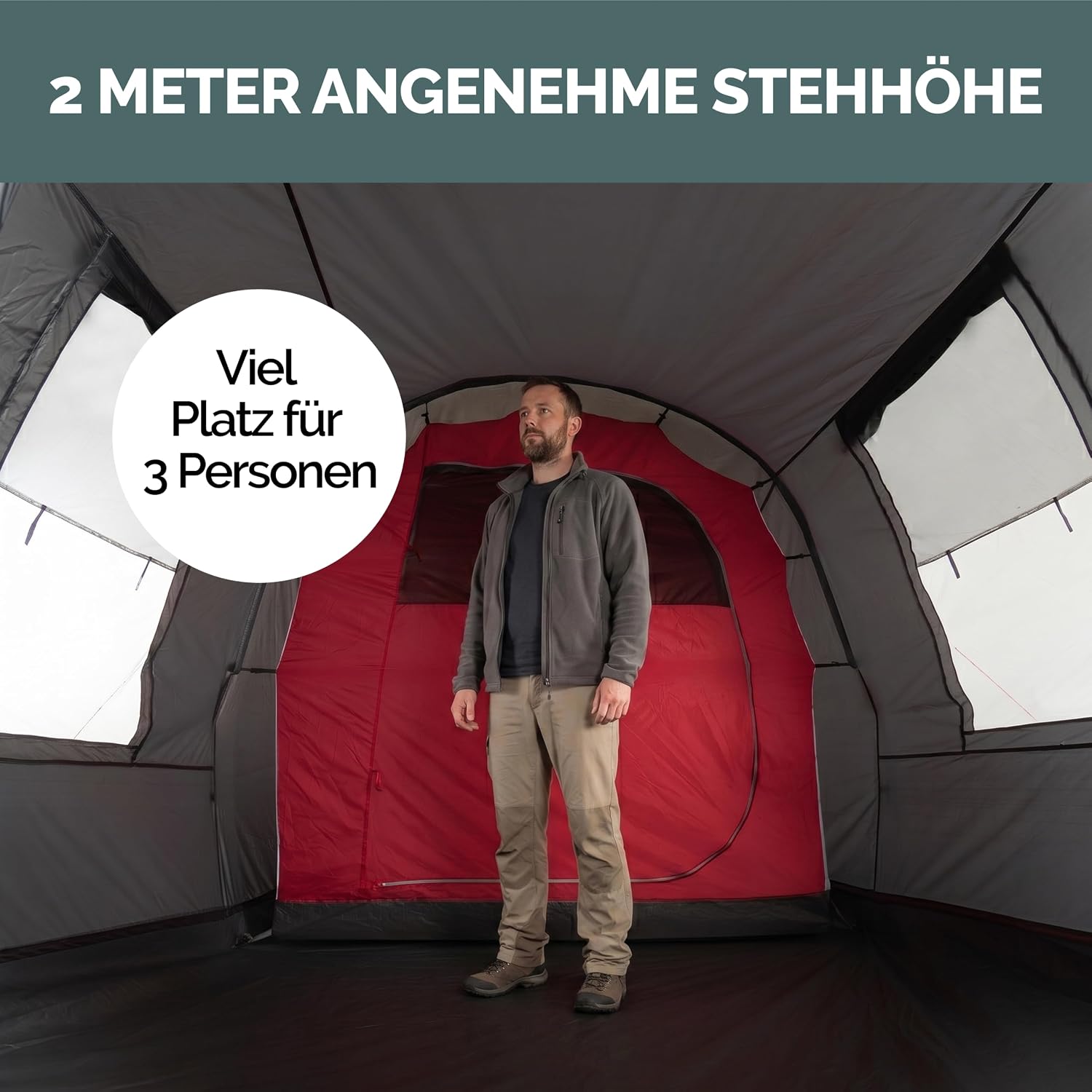 Atlanta Familienzelt für 3-7 Pers., Tunnelzelt, Stehhöhe, Vordach + Boden, Fliegengitter, wasserdicht, für Camping/Festivals