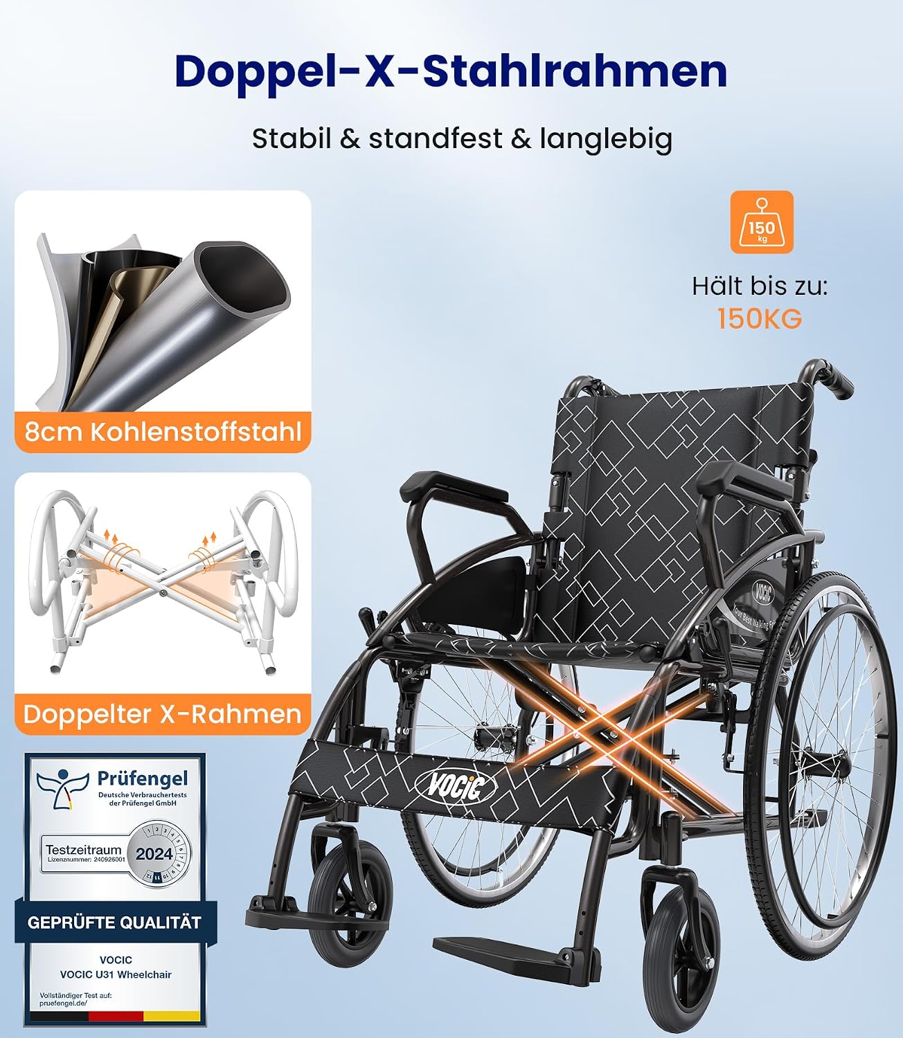 Leichter faltbarer Rollstuhl bis 150 kg, 17 kg, Doppelbremsen, Selbstantrieb, pannensichere Reifen für Erwachsene (Hellgrau)