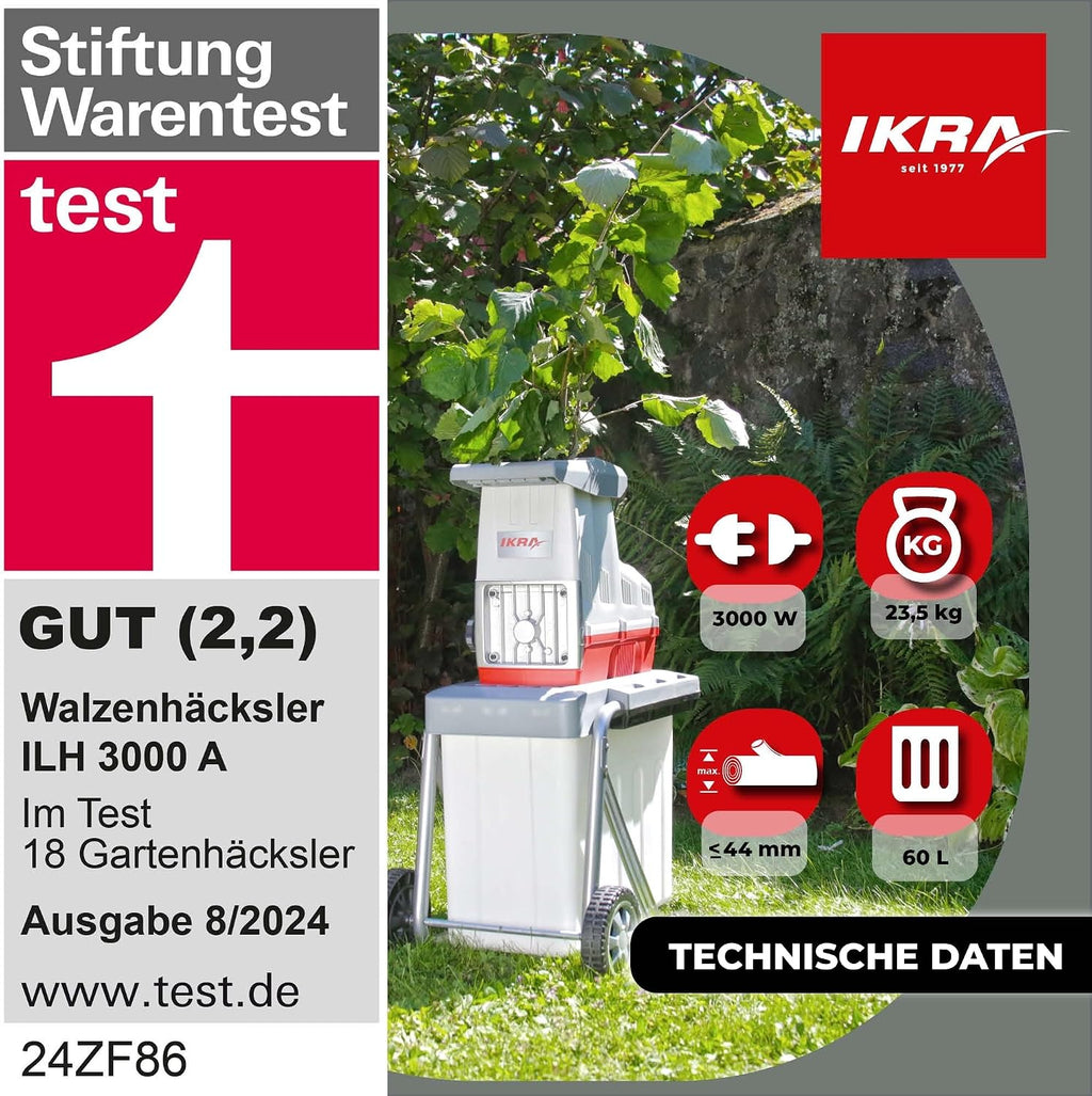 Elektro Gartenhäcksler Walzenhäcksler ILH 3000 A, leise robust wartungsarm, 3000W, Aststärke bis 44mm