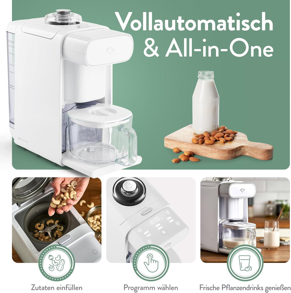 Pflanzenmilchbereiter Mila 1L, 6 Programme, Auto-Reinigung, LED-Touch-Display mit Timer, für Nussmilch/Sojamilch/Haferdrinks, inkl. Sieb & Rezeptbuch