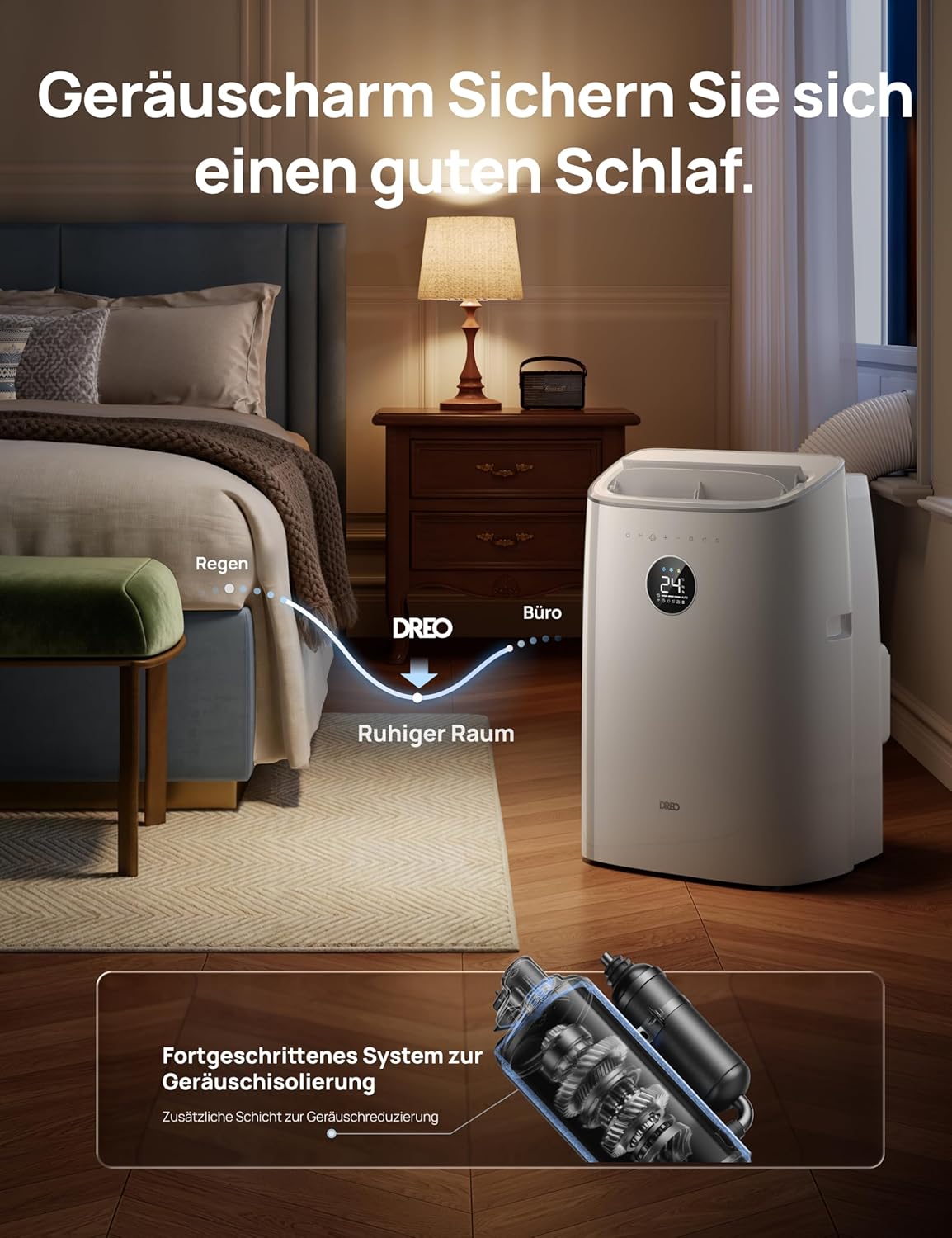 Mobiles Klimagerät 7.500 BTU, 3-in-1 (Kühlen/Vent./Entf.), App + Sprachst., drainagefrei, Fenster-Set, 2,5 L/h, für Schlafz./Büro, AC318S