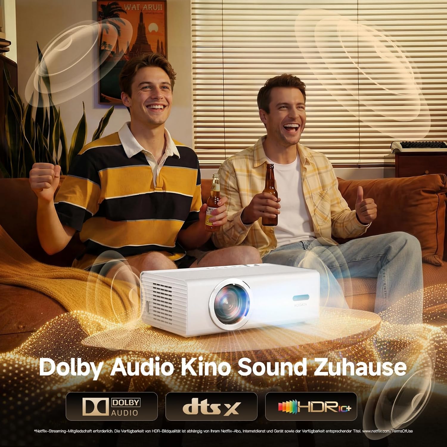 4K Smart Beamer mit WLAN, Bluetooth, Autofokus, 6D Keystone, HDR10+, kompatibel mit Dolby Audio, ideal für Heimkino & Garten, Streaming ohne TV-Stick