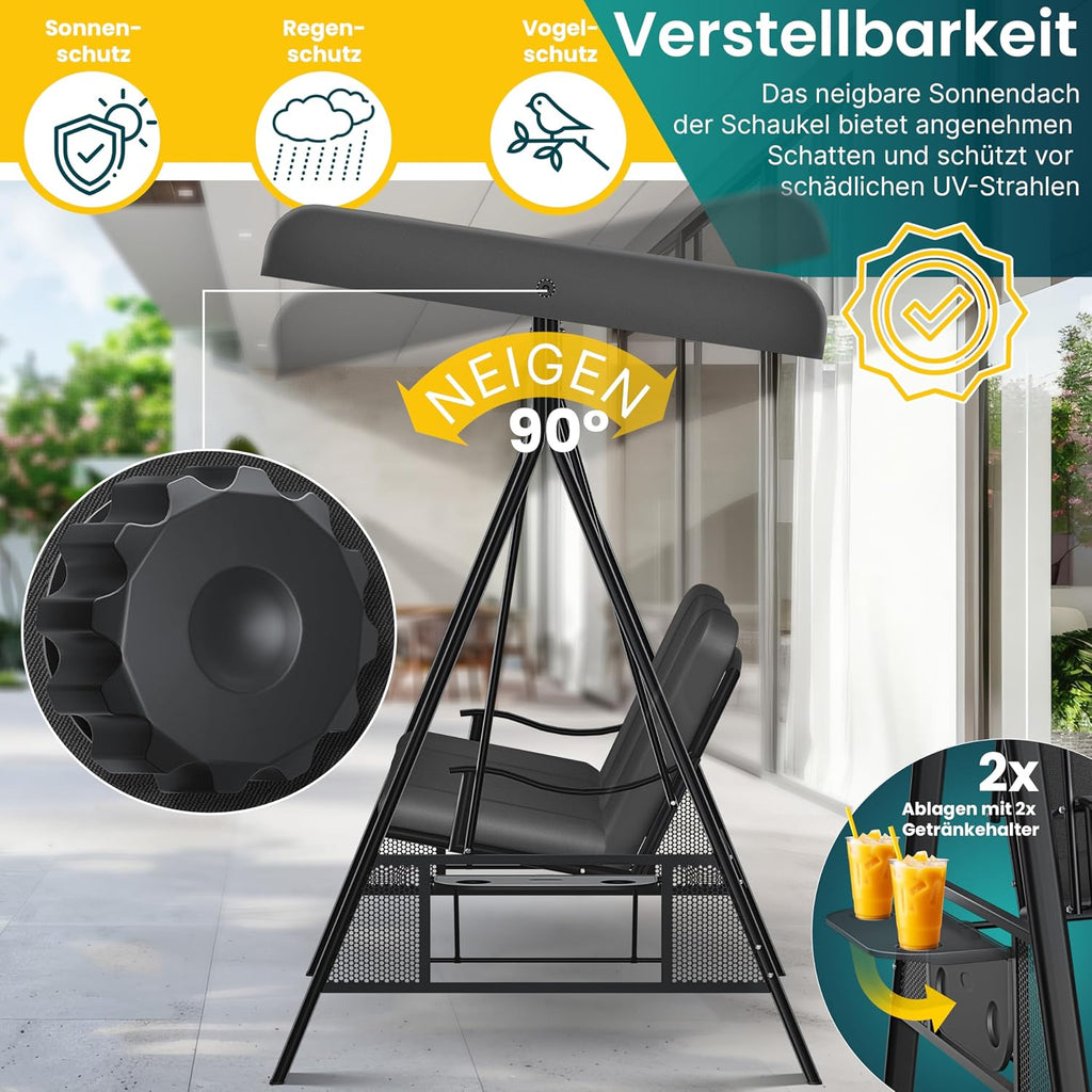 Hollywoodschaukel 3-Sitzer, Sonnendach + Polster, bis 360kg, Anti-Rutsch-Füße, wasserabweisend für Outdoor/Indoor
