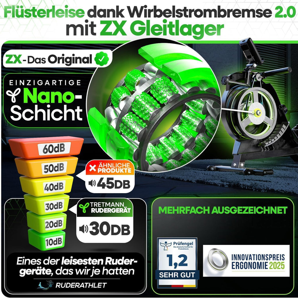 NEU Rudergerät für Zuhause Set - extra leise, Wirbelstrombremse 2.0, bis 150 kg, Magnet-Rudermaschine