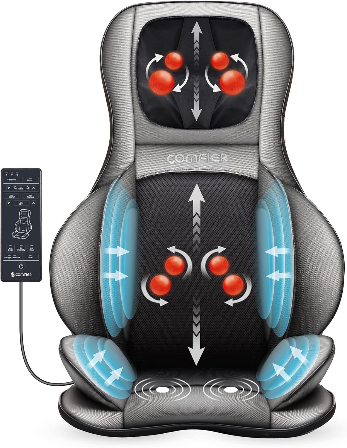 Shiatsu Rücken-Nacken Massagesitzauflage mit Wärme, 2D/3D-Knet, volle Rückenlehne & einstellbare Luftkompresse, Ganzkörpermassage für Damen, Herren