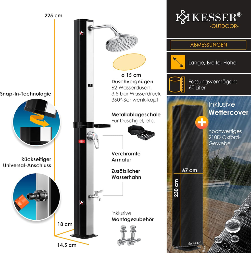 Solardusche 60L für Garten & Pool - Warmwasser ohne Strom, Regenduschkopf & Wasserhahn mit Gartenschlauch-Anschluss, inkl. Ablage und Schutzhaube
