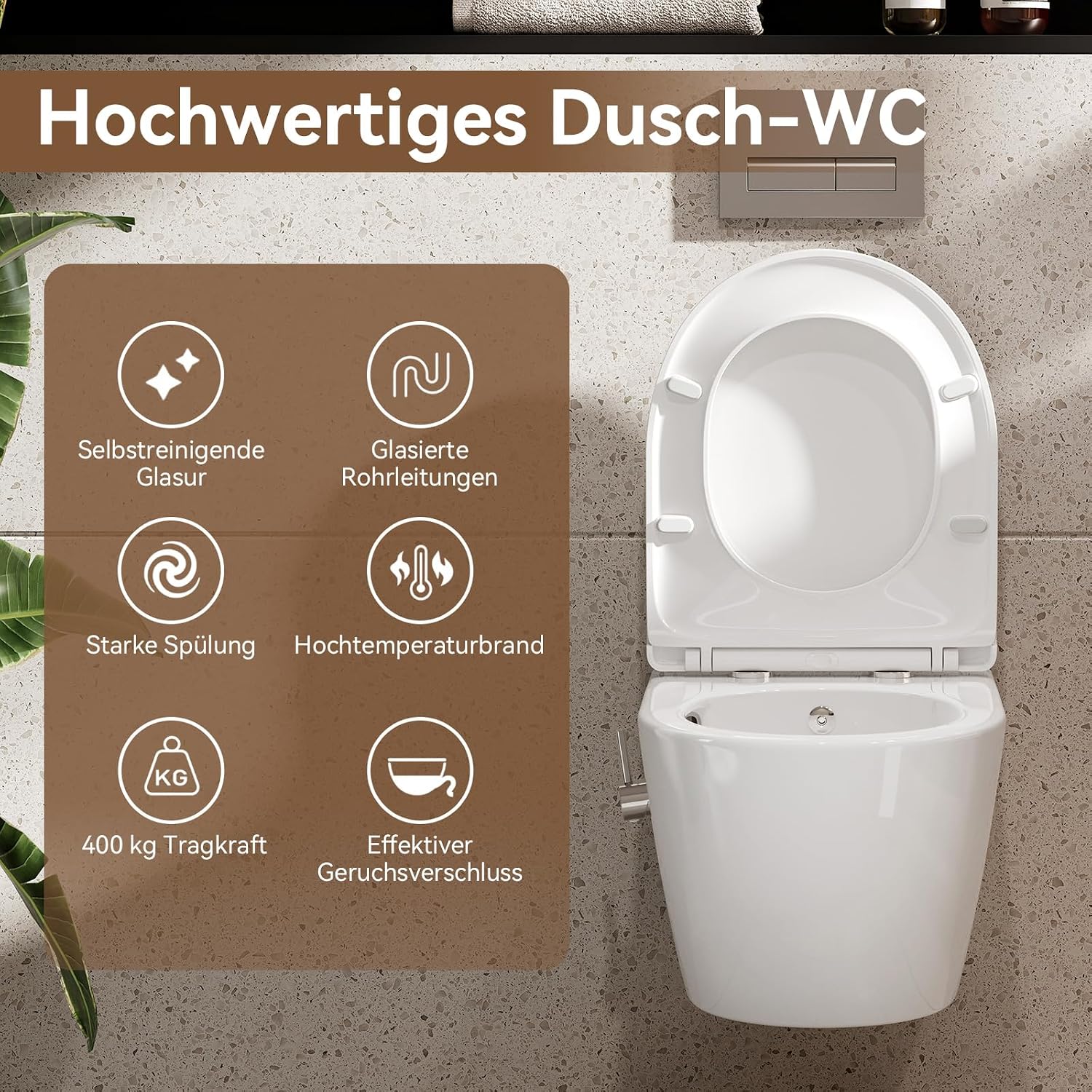 Toilette mit Bidet-Funktion, spülrandlos, Nano-Beschichtung, WC-Dusche mit Armatur, Absenkautomatik, Kalt-Warm Wasser, Hänge-WC, 49x36x36 cm