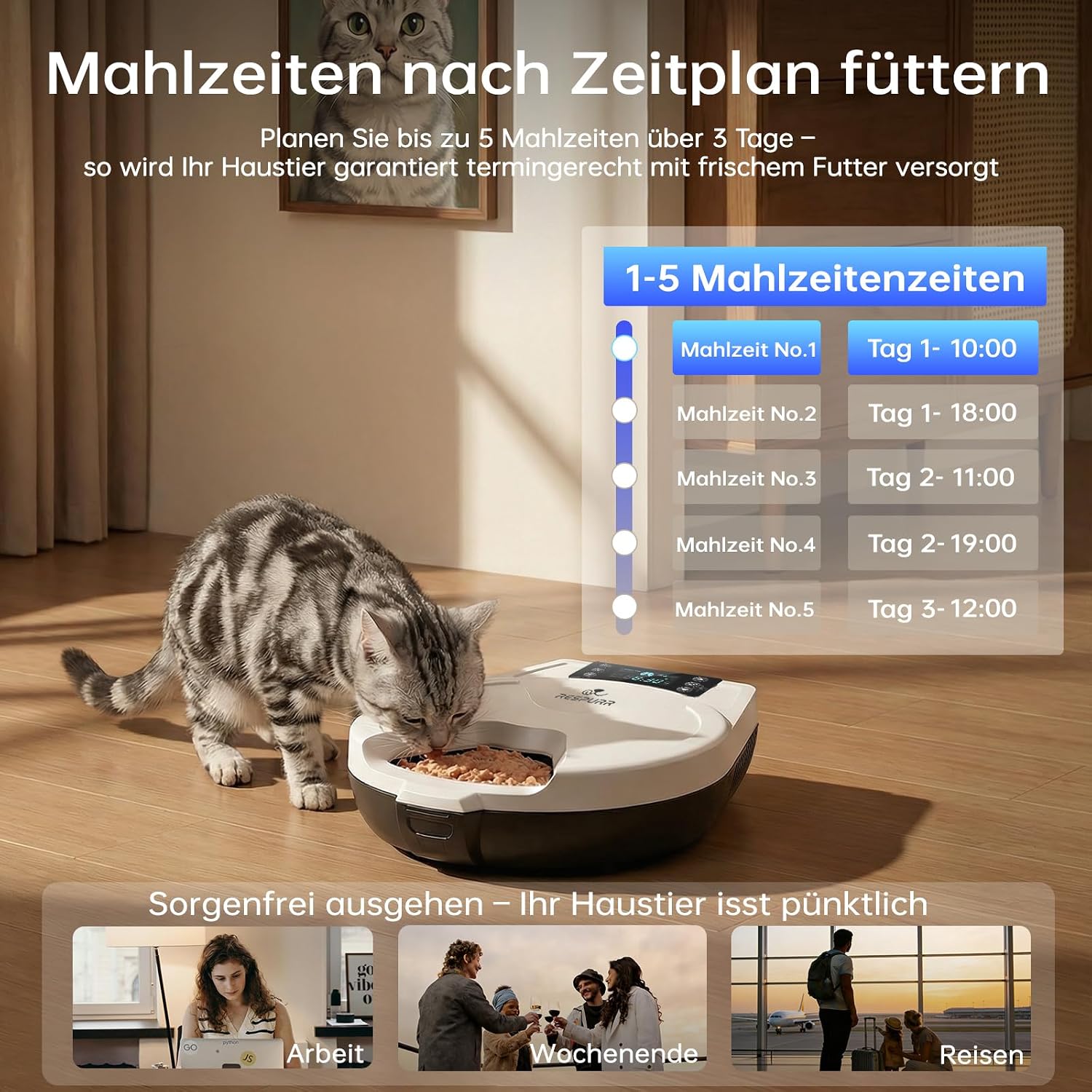 Nassfutterautomat für Katzen - 3 Tage Frische, 5 Mahlzeiten, Halbleiter-Kühlung & Heizung, Edelstahl 304 Schale, programmierbar