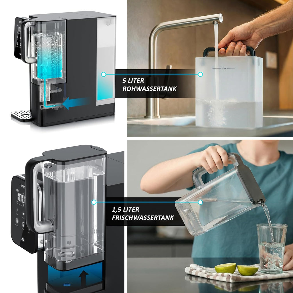 Osmoseanlage - 99,99% reines Wasser - 7-Stufen-Filter (5+2) – Umkehrosmose – Keine Installation – Auftisch – Heißwasser 40-100°C – TDS