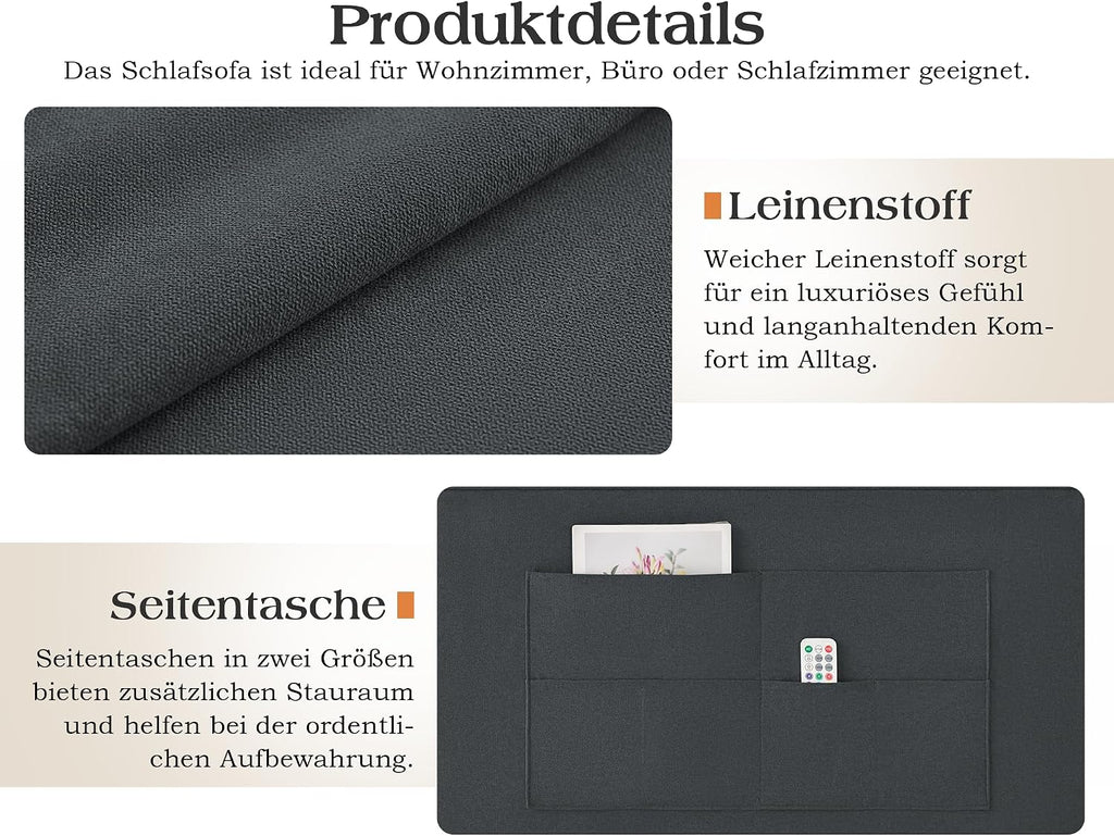 Schlafsofa 186x122cm mit 5-stufig verstellbarer Rückenlehne, 3-in-1 Schlafcouch mit Kissen & Seitentasche, graues Leinen für Gästezimmer & kleine Räume