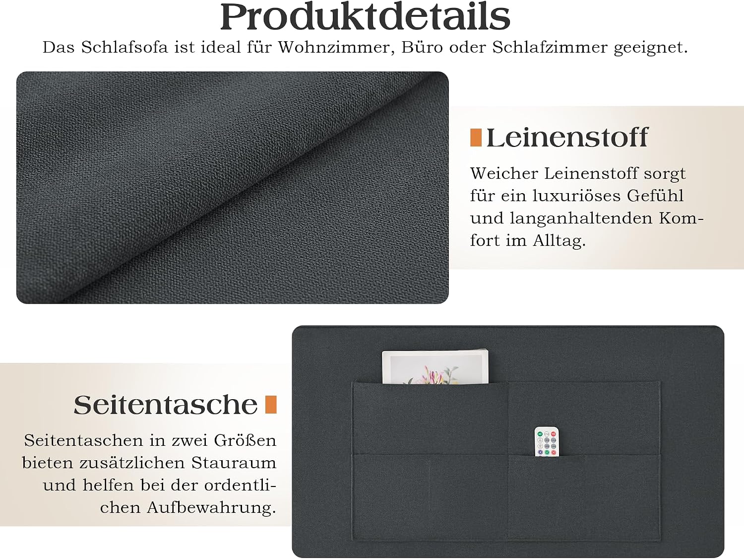 Schlafsofa 186x122cm mit 5-stufig verstellbarer Rückenlehne, 3-in-1 Schlafcouch mit Kissen & Seitentasche, graues Leinen für Gästezimmer & kleine Räume