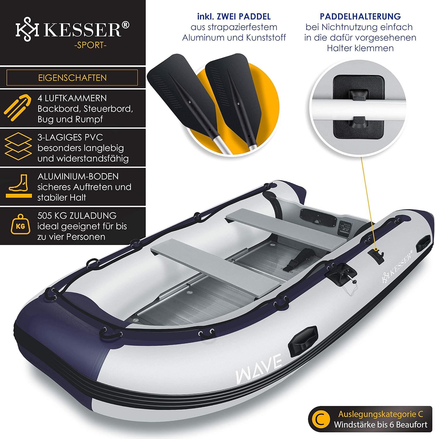 Schlauchboot Wave 230-320 cm aufblasbar 6-tlg. Set – Bank, Pumpe, Paddel, Rep.-Set, Tasche, Angelboot, Paddelboot, Motor möglich, salzwasserfest