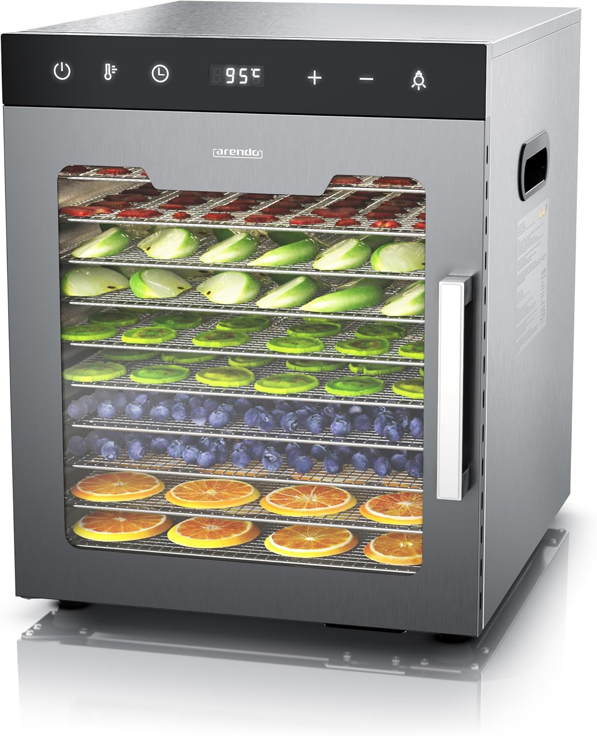Dörrautomat Edelstahl mit 10 Edelstahl-Einlegetabletts, 800 W, 35-85°C, 8400 cm², Dehydrator für Obst, Fleisch, Pilze uvm.