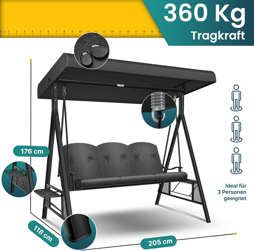 Hollywoodschaukel 3-Sitzer, Sonnendach + Polster, bis 360kg, Anti-Rutsch-Füße, wasserabweisend für Outdoor/Indoor