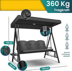 Hollywoodschaukel 3-Sitzer, Sonnendach + Polster, bis 360kg, Anti-Rutsch-Füße, wasserabweisend für Outdoor/Indoor