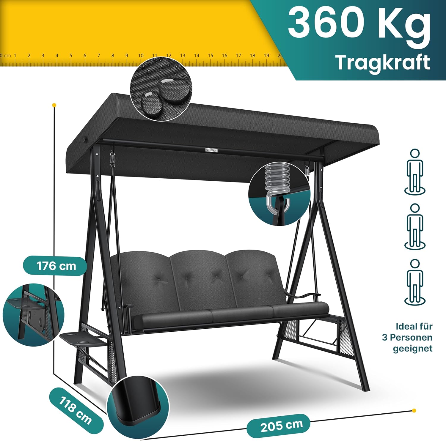 Hollywoodschaukel 3-Sitzer, Sonnendach + Polster, bis 360kg, Anti-Rutsch-Füße, wasserabweisend für Outdoor/Indoor