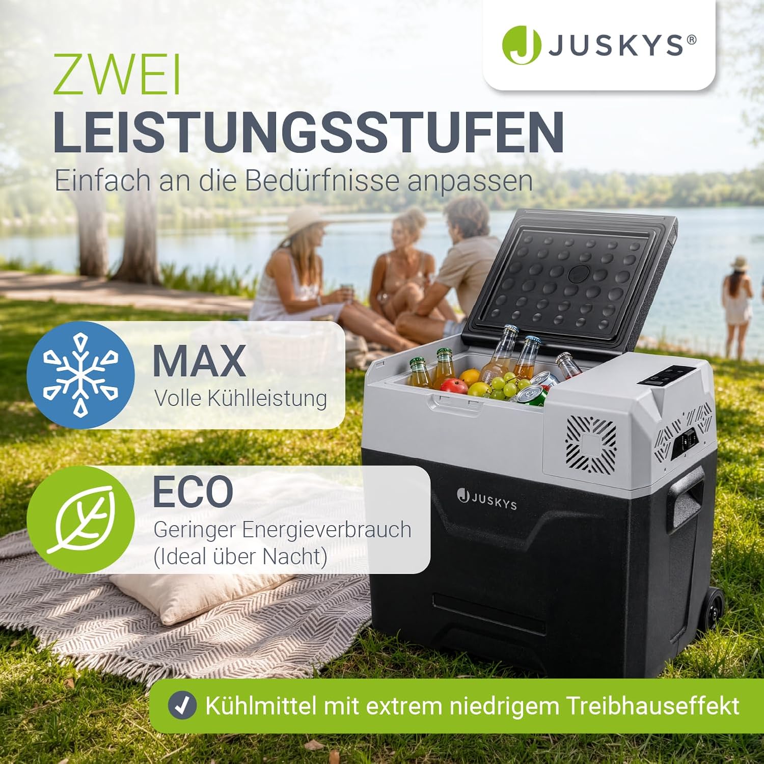 Kompressor Kühlbox 50 Liter 12/24/230V für Auto, LKW, Camping - Mini Kühlschrank kalt & warm, Steckdose, Grau