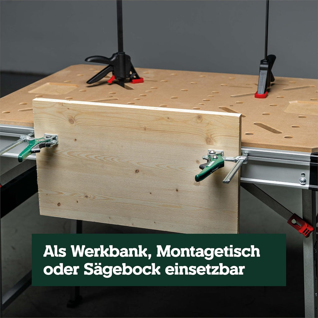 Multifunktionstisch MWB 100: Klappwerkbank, Transportgriffe, höhenverstellbare Beine, Nivellierfuß, mit Zwingen, Bankhaken, Eckverbinder, max. 120 kg