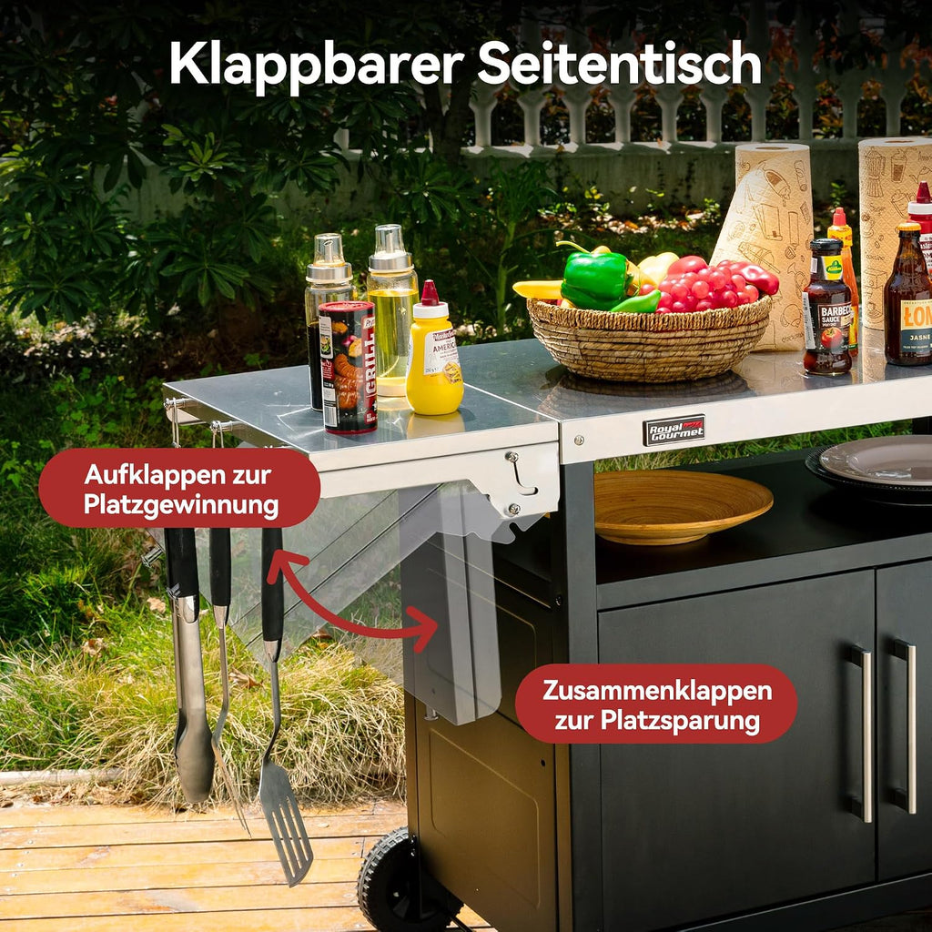 Grillwagen mit klappbarem Seitentisch, Handtuchgriff, Unterschrank, Edelstahl Tischplatte, Rollen, Silber