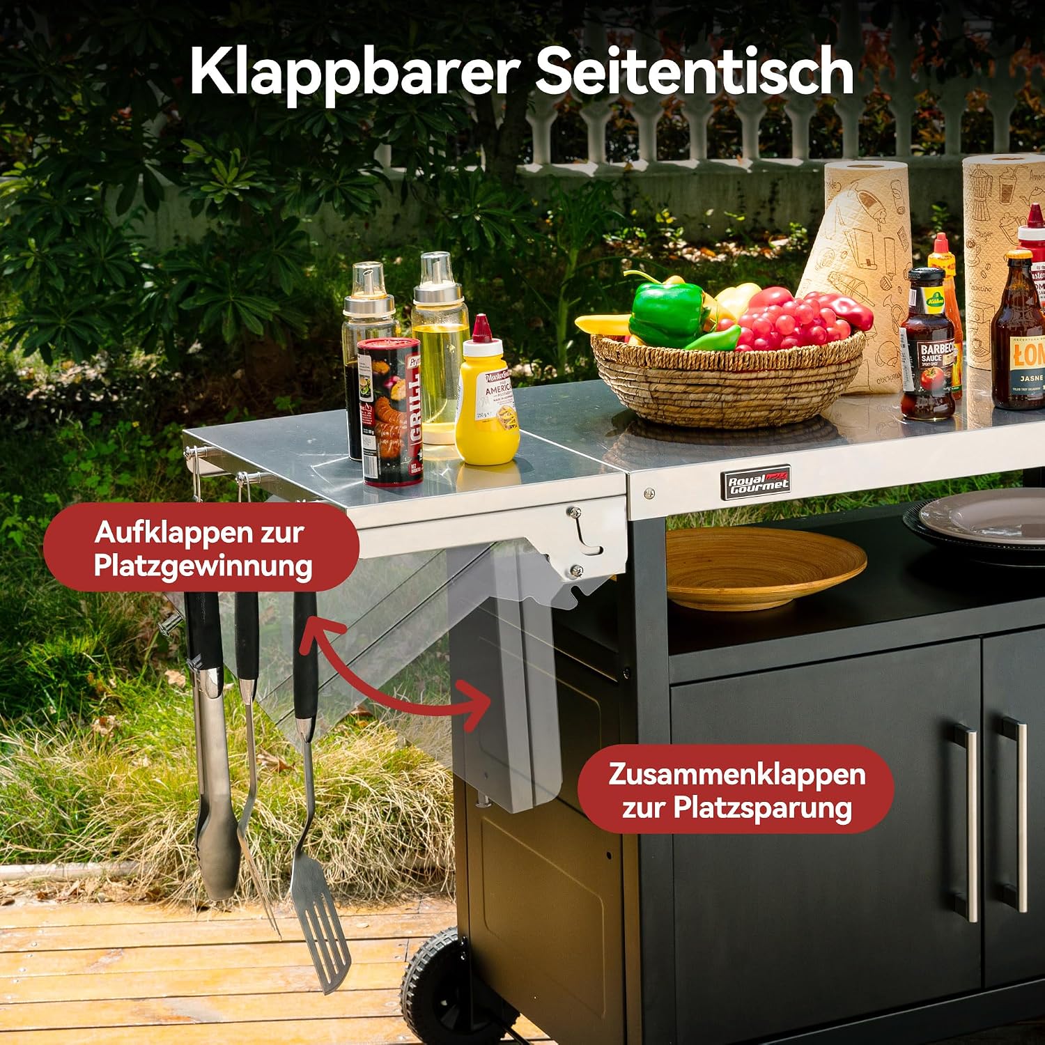 Grillwagen mit klappbarem Seitentisch, Handtuchgriff, Unterschrank, Edelstahl Tischplatte, Rollen, Silber