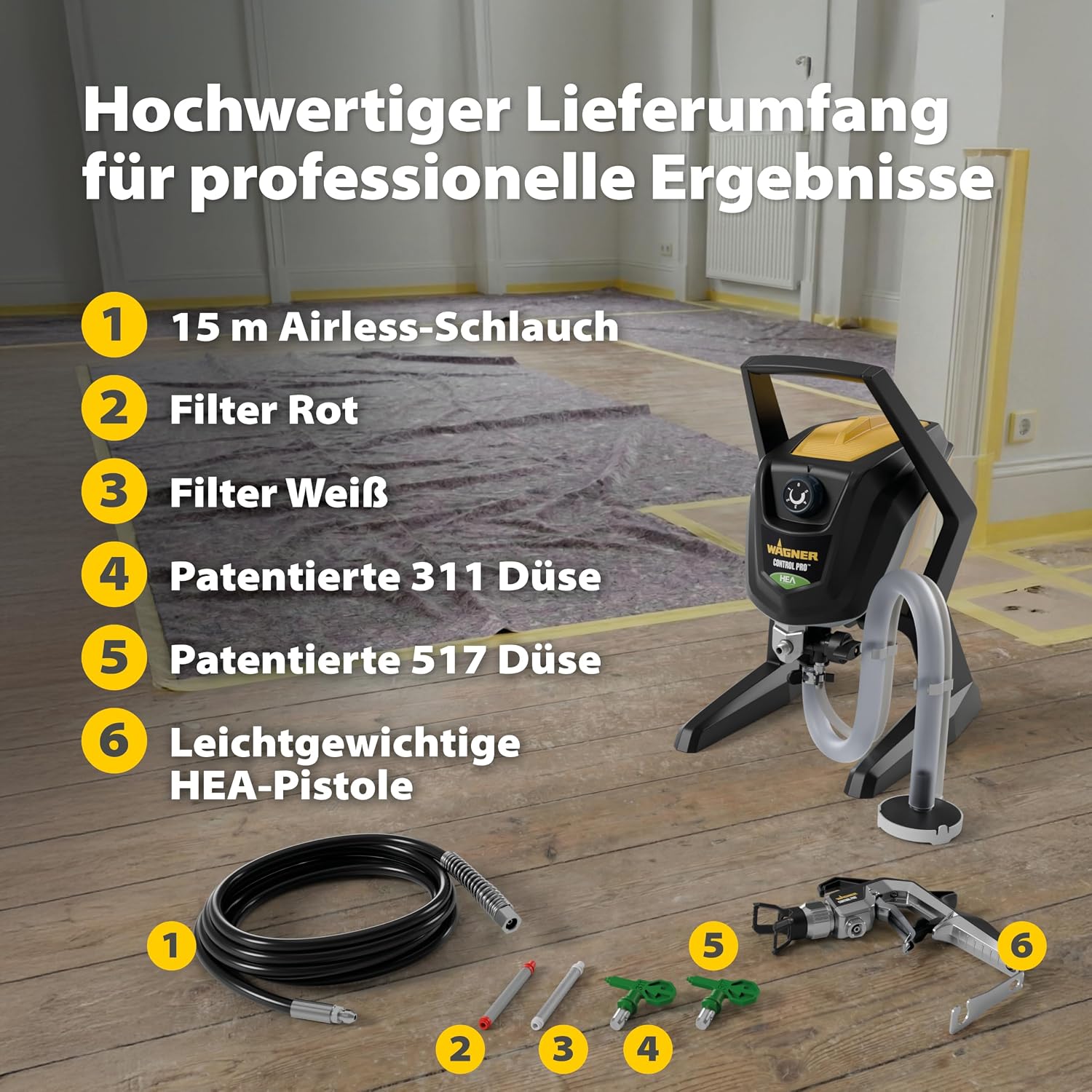 Airless Farbsprühsystem Control Pro 350 R für Wandfarben, Latexfarben, Lacke & Lasuren, 15 m²-2 min, Druckregulierung, 110 bar, Schlauch 15 m