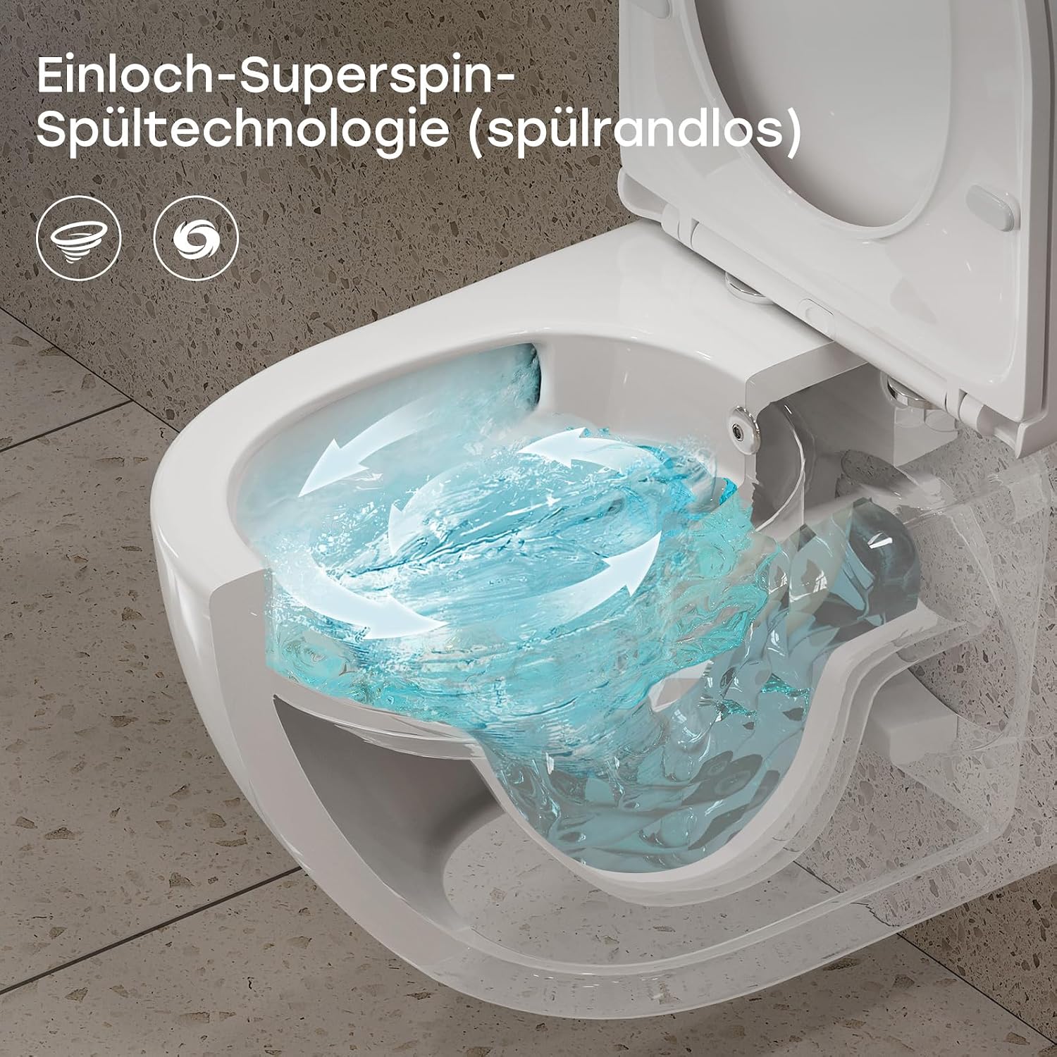 Toilette mit Bidet-Funktion, spülrandlos, Nano-Beschichtung, WC-Dusche mit Armatur, Absenkautomatik, Kalt-Warm Wasser, Hänge-WC, 49x36x36 cm