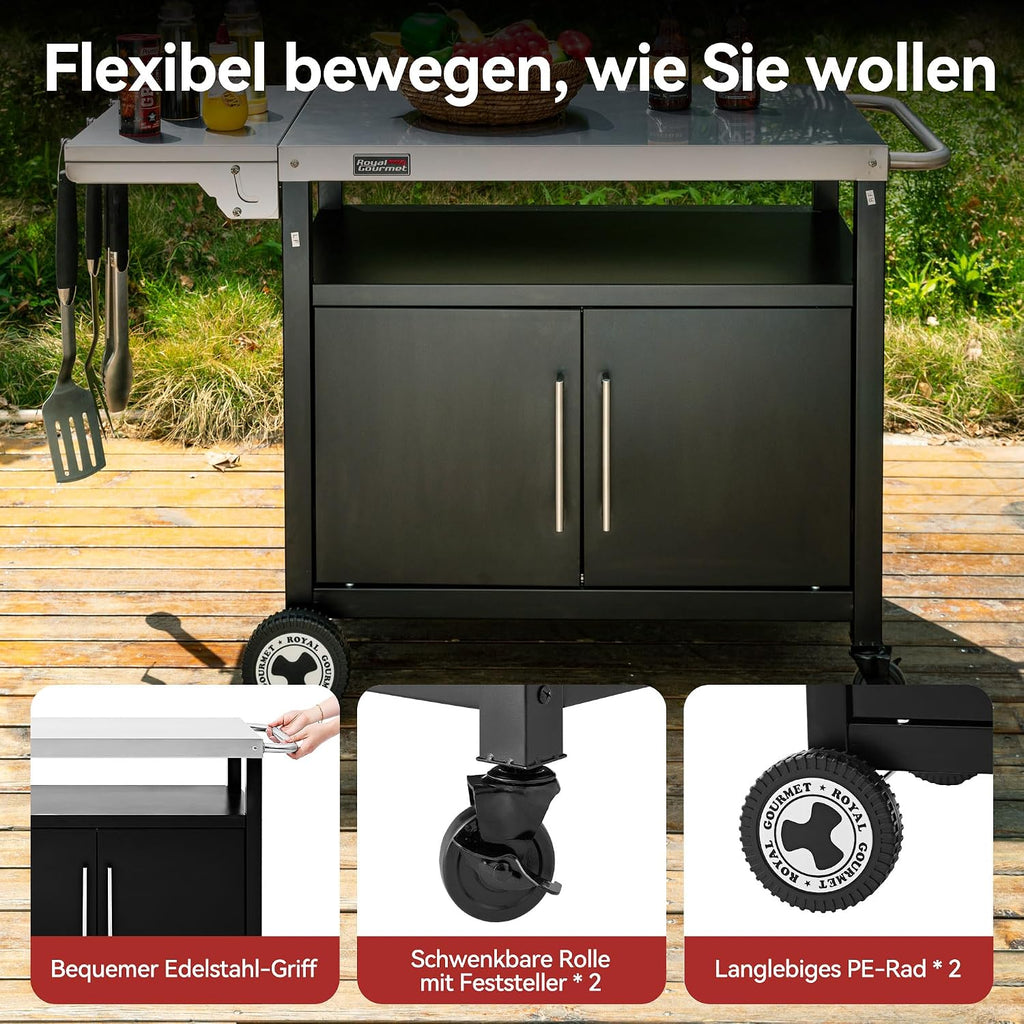 Grillwagen mit klappbarem Seitentisch, Handtuchgriff, Unterschrank, Edelstahl Tischplatte, Rollen, Silber