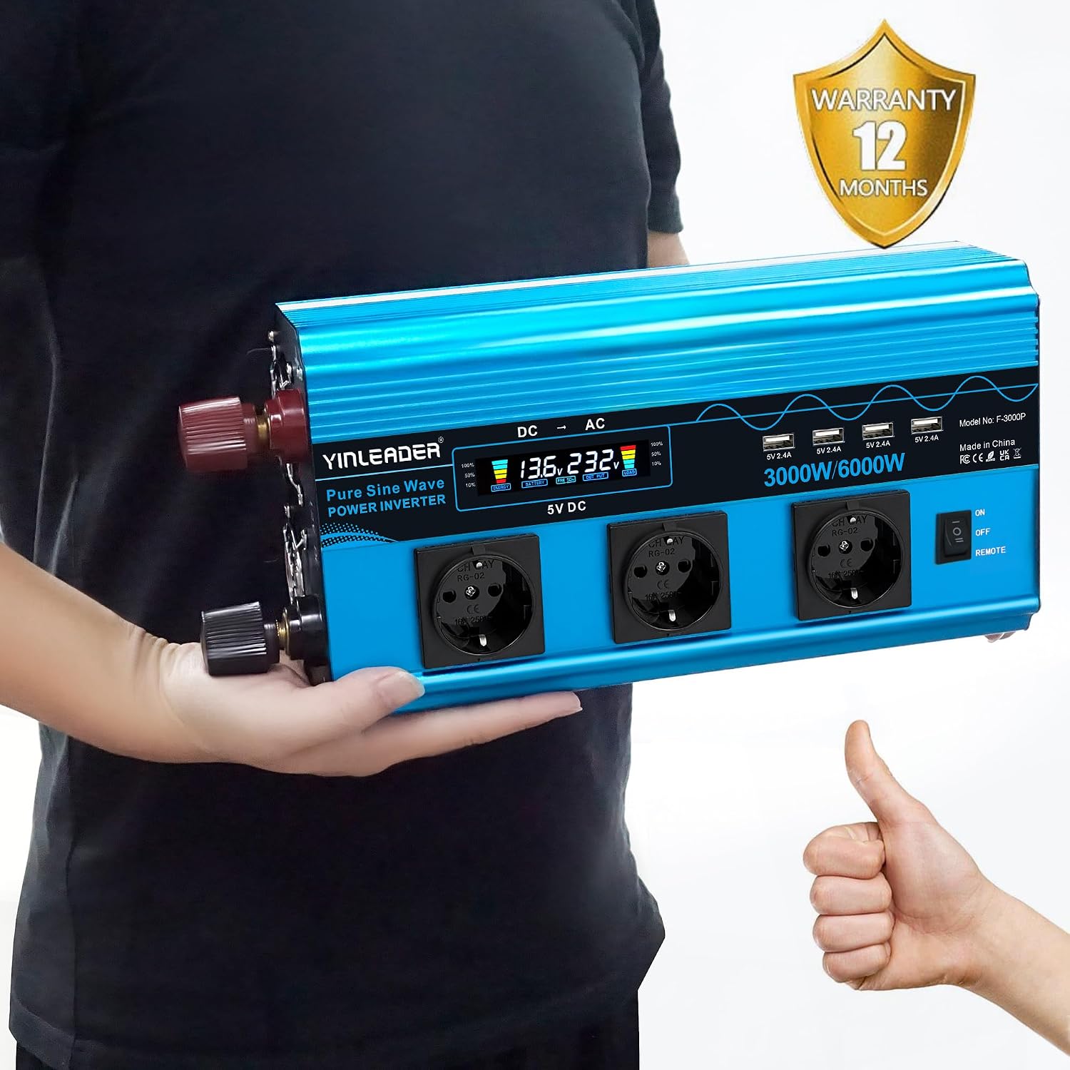 3000W/6000W Reiner Sinus Wechselrichter 12V 230V 3x EU-Steckdose 4x USB LCD-Spannungsanzeige