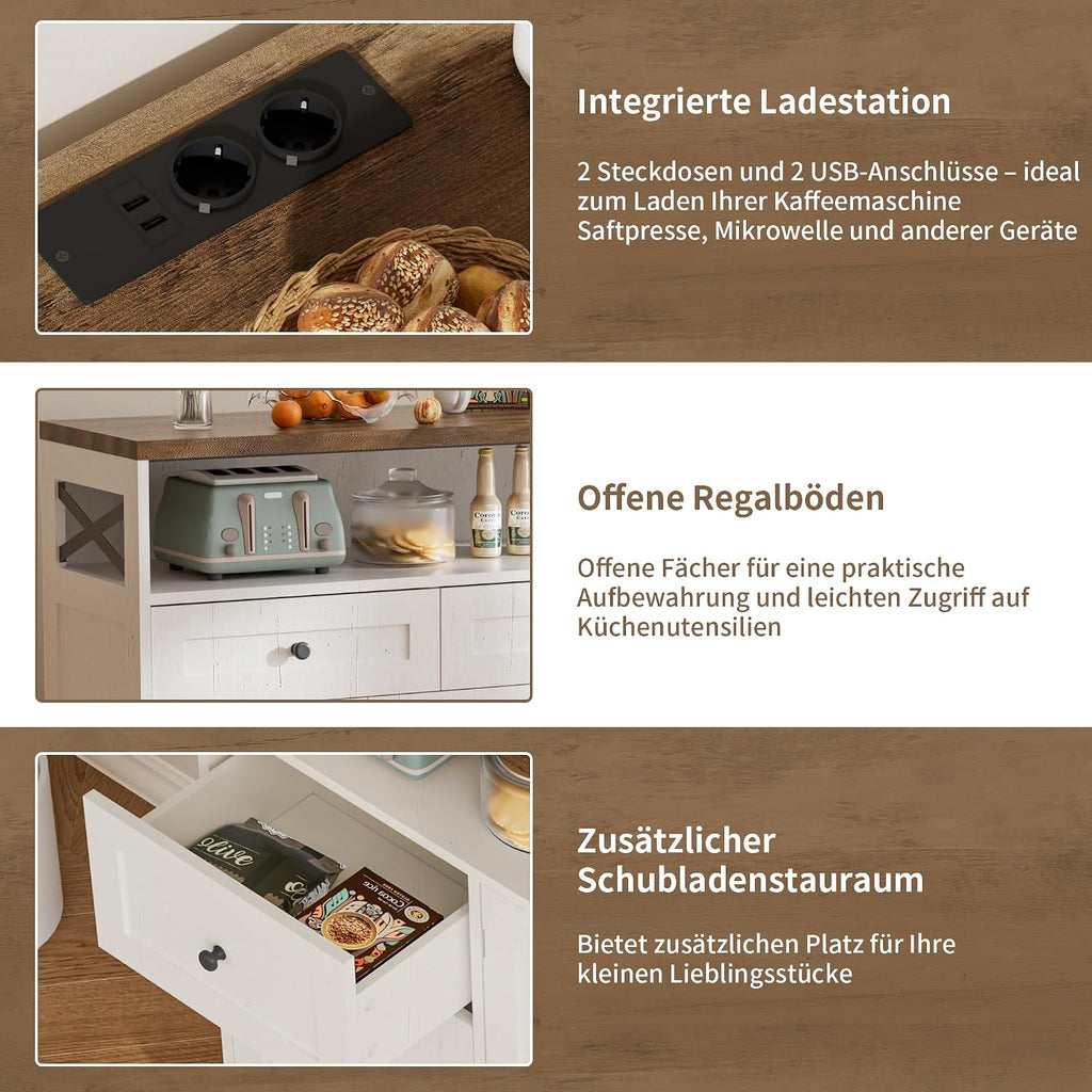 Sideboard mit Schubladen und offenem Regal, Küchenschrank, Anrichte, Kaffeebar Schrank, 130x35x95cm, Cremeweiß in Holzoptik
