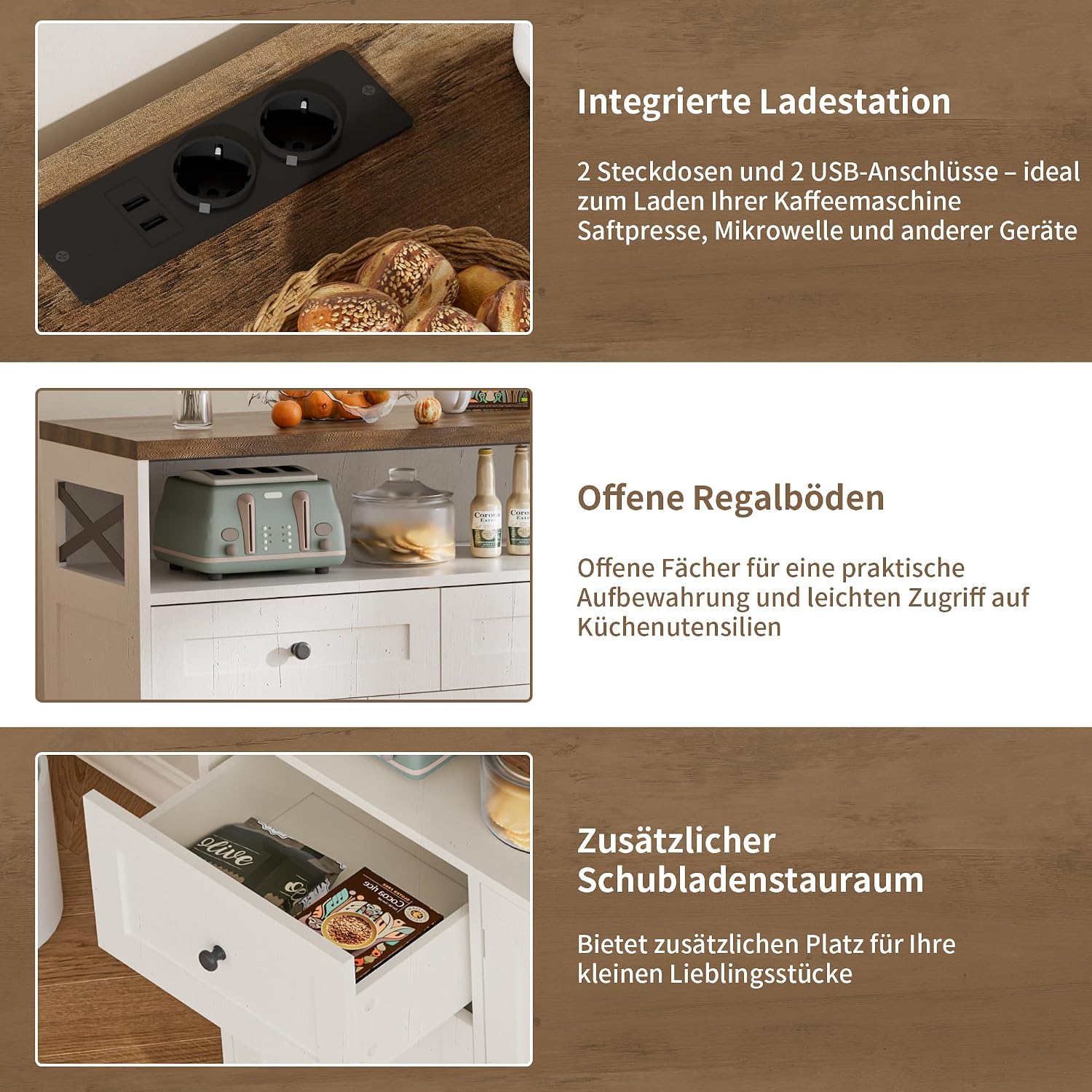 Sideboard mit Schubladen und offenem Regal, Küchenschrank, Anrichte, Kaffeebar Schrank, 130x35x95cm, Cremeweiß in Holzoptik