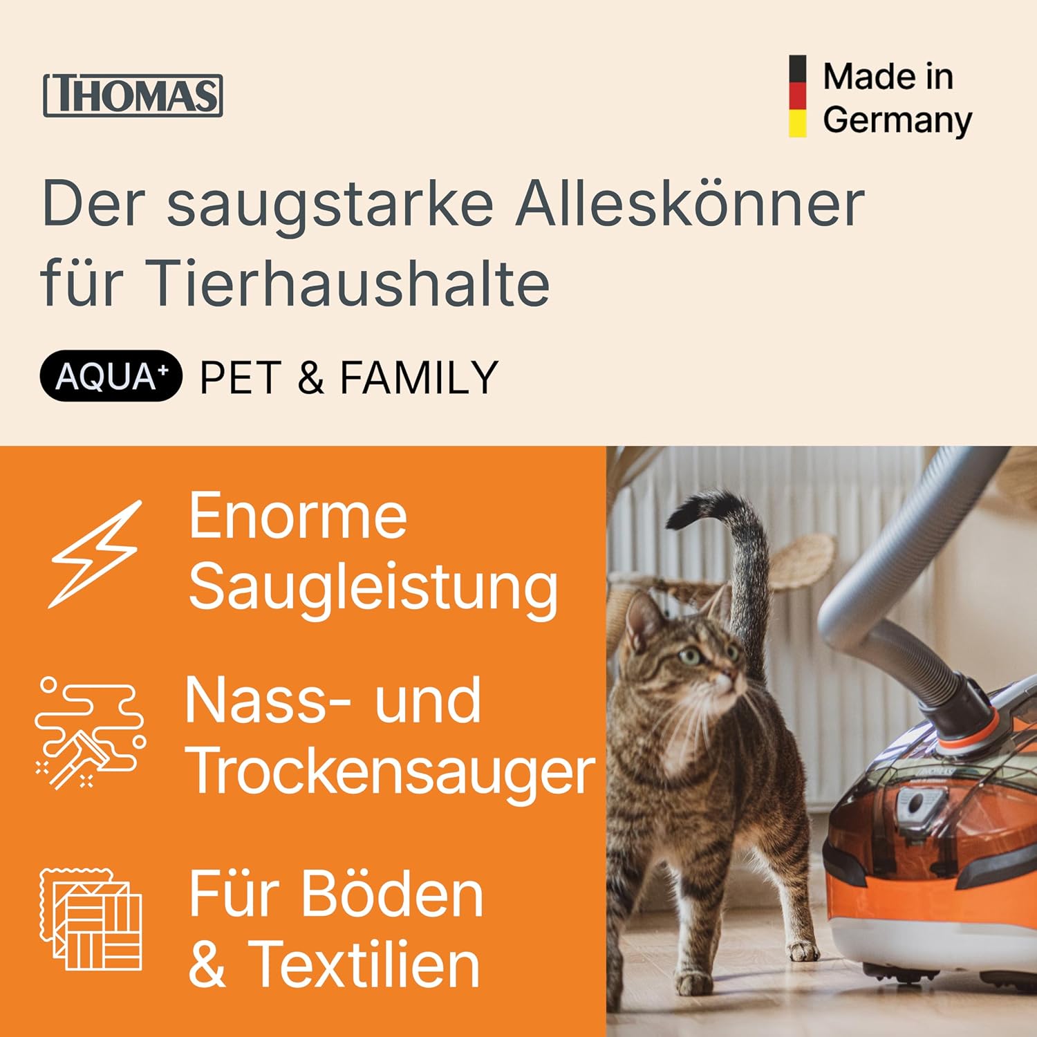Aqua+ PET & Family – 1700W starker Nass- und Trockensauger für Tierhaare mit Wischfunktion und Polsterreinigung für Teppich, Sofa, Polster & Matratze